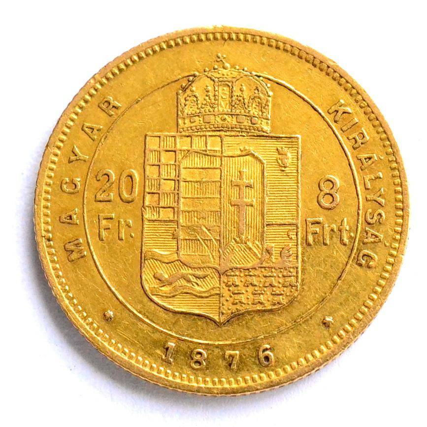 Lot 107 - Hungary (as part of Austro-Hungary) Gold 20 francs/8 forint 1876KB, 6.45g, .900 gold, VF