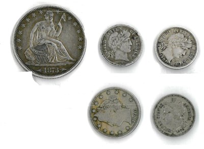 Lot 120 - USA Half Dollar 1873 with arrows, generally good edge & surfaces AVF, 2 x dimes 1899 VG & 1907...