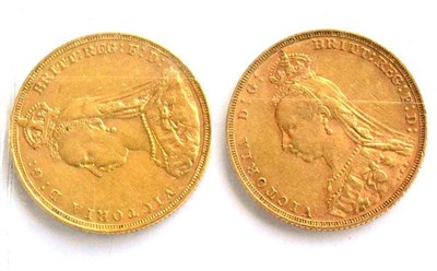 Lot 168 - 2 x Jubilee Head Sovereigns: 1887M & 1889M, contact marks, edge imperfections, GFine to AVF