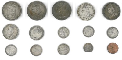 Lot 181 - Victoria, 13 x Miscellaneous Silver Coins comprising: 3 x crowns: 1889, 1890, 1900 LXI, 2 x...