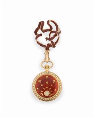 Lot 281 - A Lady's 18ct Gold Diamond, Enamel and Pearl-Set Fob Watch, circa 1900, frosted gilt finished...