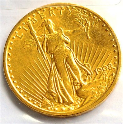 Lot 20 - USA Gold 20 dollars 1908, 'Saint-Gaudens' trivial contact marks, 33.48g, .900 gold, lustrous GVF