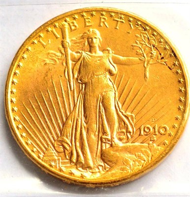 Lot 21 - USA Gold 20 Dollars 1910D, 'Saint-Gaudens' minor contact marks, 33.5g, .900 gold, lustrous VF...