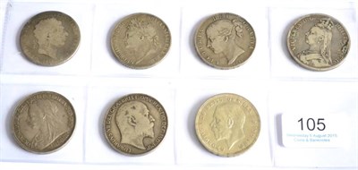 Lot 105 - 7 x Crowns: 1819 marks on bust Fair, 1821 SECUNDO contact marks AFine, 1845 VIII cinquefoil...