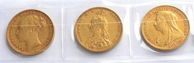 Lot 110 - Victoria, 3 x Sovereigns: 1887M Young Head, 1891M Jubilee Head & 1896M Old Head, all with light...