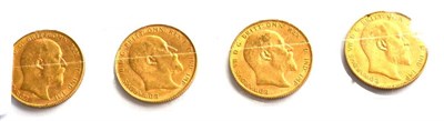 Lot 114 - Edward VII, 4 x Sovereigns: 1907P, 1908, 1909 & 1910P, minor marks, generally AVF