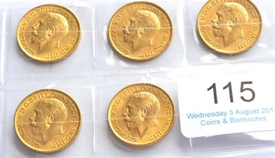 Lot 115 - George V, 5 x Sovereigns: 1911, 1912, 1913, 1914 & 1915, minor contact marks AVF to VF