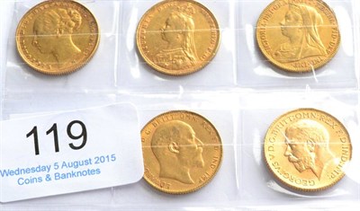 Lot 119 - 5 x Sovereigns: 1887M Young Head, 1891, 1896, 1910 & 1915 generally AFine to GVF(1915)