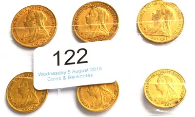 Lot 122 - Victoria, 3 x Sovereigns: 1898, 1899M & 1901P & 3 x Half sovereigns: 1893, 1900 & 1901, AFine...