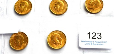 Lot 123 - George V, 5 x Sovereigns: 1911, 1912, 1913, 1914 & 1915 AVF to VF