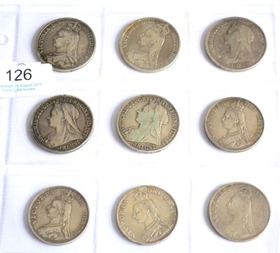 Lot 126 - Victoria, 5 x Crowns: 1892(x2), 1897 LX, 1898 LXII & 1900 LXIII & 4 x double florins: 1887A,...