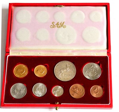 Lot 190 - South Africa 9-Coin Proof Set 1965 comprising: gold 2 rand (8g,), gold 1 rand (3.99g), both...