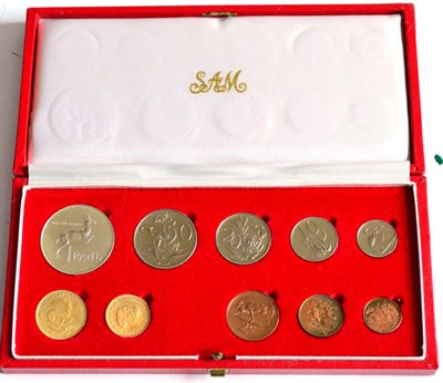 Lot 194 - South Africa 10-Coin Proof Set 1973 comprising: gold 2 rand (8g), gold 1 rand (4g), both 22ct,...