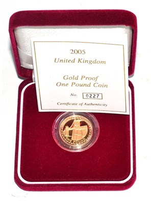 Lot 244 - Gold Proof £1 2005, rev. Menai Straits Suspension Bridge, 19.6g, .916 gold, with cert, in...