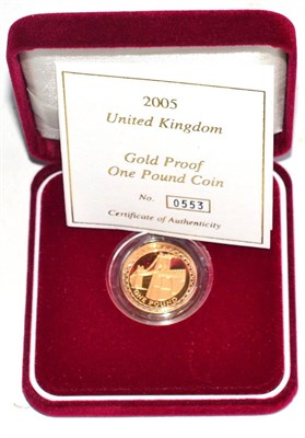 Lot 245 - Gold Proof £1 2005, rev. Menai Straits Suspension Bridge, 19.6g, .916 gold, with cert, in...