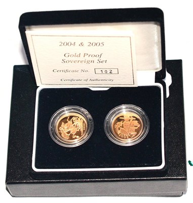 Lot 251 - Gold Proof 2-Coin Sovereign Set comprising 2 x proof sovereigns: 2004 Pistrucci reverse & 2005 Noad