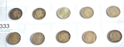 Lot 333 - Victoria, 10 x Shillings: 1858 GFine to AVF, 1865 die 108 VG, 1884 EF, 1885 VG to AFine, 1887YH...