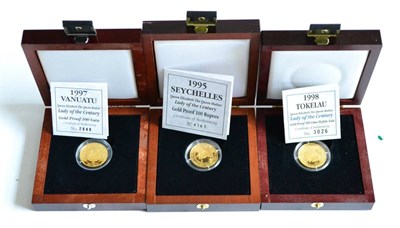 Lot 341 - 3 x Gold Proof Coins from the 'Queen Mother Lady of the Century' series comprising: Vanuatu 100...