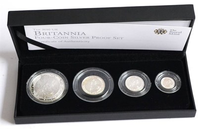 Lot 353 - Britannia 4-Coin Silver Proof Set 2010, comprising £2, £1, 50p & 20p, with cert, in CofI, FDC