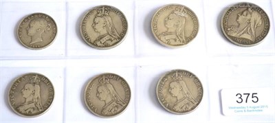 Lot 375 - Victoria, 7 x Silver Coins comprising: halfcrown 1844, minor obv contact marks/hairlines,...