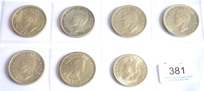 Lot 381 - 7 x Silver Crowns comprising: UK 1937, Australia 1937 cleaned, contact marks, New Zealand 1949, 2 x