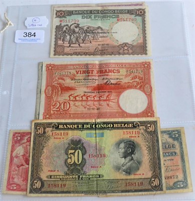 Lot 384 - Belgian Congo, 7 x Banknotes comprising: 50 francs (1943-52) without ÃƒÂƒâÂ€°MISSION...