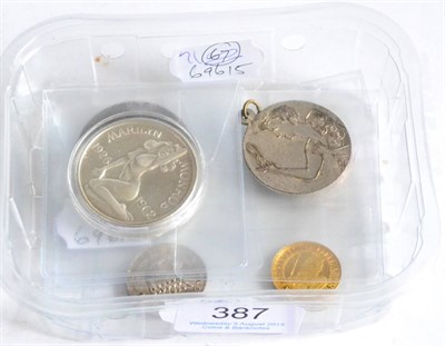 Lot 387 - Miscellaneous Medals, Replica Coins etc including: a 9ct gold replica of a Gothic crown 1847,...