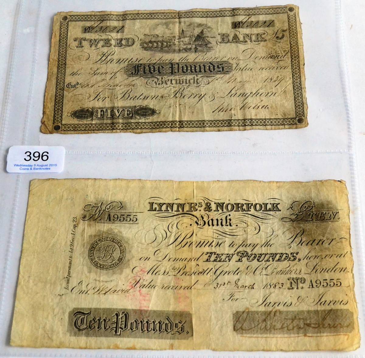 Lot 396 - 2 x Provincial Banknotes: TWEED BANK (Berwick-on-Tweed) £5 1st May 1839, for Batson, Berry &...