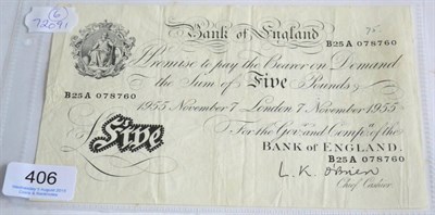 Lot 406 - BofE White £5 O'Brien, 7 Nov 1955 (B25A), creases & wrinkles & a few pinholes o/wise AVF