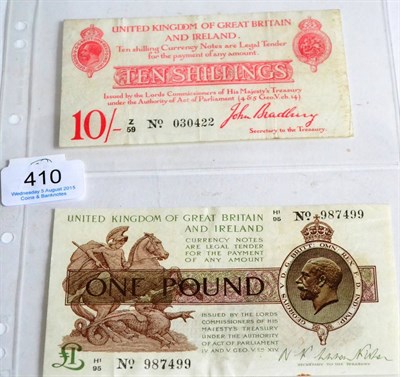 Lot 410 - 2 x Treasury Notes: 10 shillings Bradbury, 2nd issue (1915), Z/59 followed by No  with dot & 6...