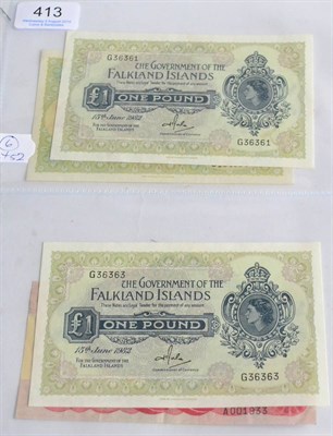 Lot 413 - Falkland Islands, 4 x Banknotes: 2 x £1 15 June 1982 (G36361 & G36363) EF & GEF, £5 30...