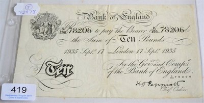 Lot 419 - Bank of England White £10 Peppiatt, London 17 Sept 1935 (K/155 78206), faint vertical centre...