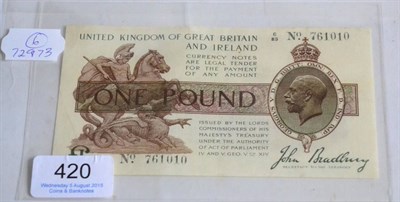 Lot 420 - Treasury Note: £1 Bradbury, third issue (1917) G/89, faint traces of handling on rev o/wise...