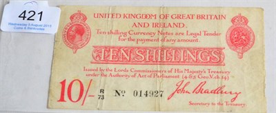 Lot 421 - Treasury Note: 10 shillings Bradbury, 2nd issue (1915) R/73; vertical creases & a couple of...