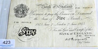 Lot 423 - BofE White £5 Peppiatt, London June 2 1945 (J35), vertical centre crease & other lighter...