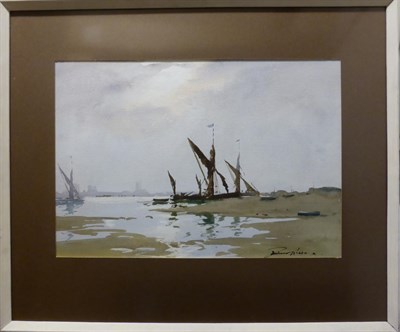 Lot 2058 - Edward Wesson RI, RBA, RSMA (1910-1983) 'Thames Barges' Signed, watercolour heightened with...