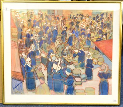 Lot 2087 - Lillian Freiman (1908-1986) Canadian Bustling village square with nuns and other figures...