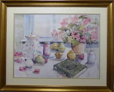 Lot 2108 - Sarah Malin (20th/21st century) Still life of a pot plant, strawberries, pears and a gardening book