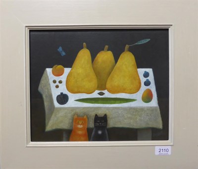 Lot 2110 - Martin Leman RBA, RWS (b.1934) Pears and Cats Signed, gouache, 27cm by 33cm