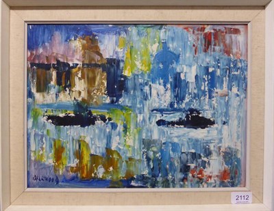 Lot 2112 - Lawrence Isherwood (1917-1989) 'St Pauls and Barges' Signed, inscribed verso, oil on board,...