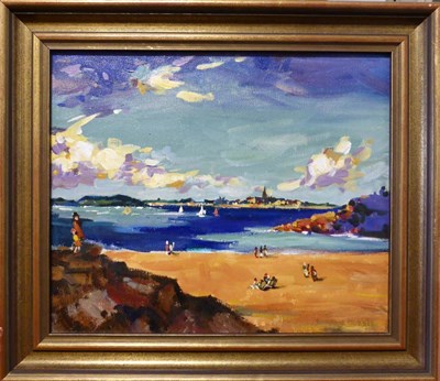Lot 2121 - John Holt (b.1949) Beach scene with figures Oil on canvas, 24cm by 29cm  Provenance: Purchased...