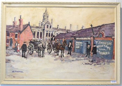 Lot 2125 - Margaret Chapman (1940-2000) Horse and Cart Outside Ransom & Co  Signed, oil on board, 50cm by 75cm