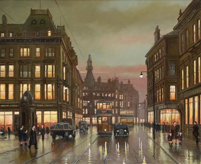 Lot 2128 - Steven Scholes (b.1952)  'Charing Cross, Glasgow, 1954' Signed, inscribed verso, oil on canvas,...