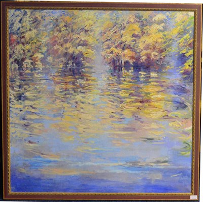 Lot 2149 - Jean Rogéres (20th/21st century) French Lake scene Signed, oil on canvas, 101cm by 101cm