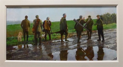 Lot 2154 - Wendy Elsey (b.1943)  'At the Shoot' Signed, oil on card, 31cm by 63cm