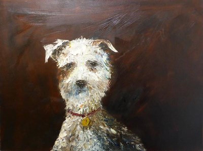 Lot 2157 - Stephen Charlton (Contemporary) Study of a dog Signed verso, oil on canvas, 60cm by 80cm (unframed)