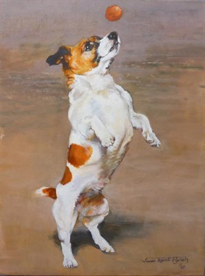 Lot 2158 - Judi Kent Pyrah (Contemporary) A Jack Russell playing with a red ball on the beach Signed and dated