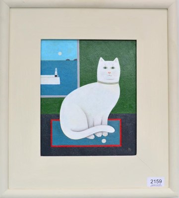 Lot 2159 - Martin Leman RBA, RWS (b.1934) 'White Cat' Initialled, with artist's label verso, oil on board,...