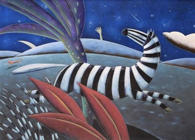 Lot 2163 - David Kuijers (b.1962) South African Running Zebra Signed, acrylic on canvas, 68cm by 93cm...