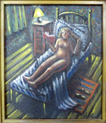 Lot 2174 - P J Crook (Contemporary) Reclining lady reading in bed Initialled, oil on board, 16cm by 13.5cm...